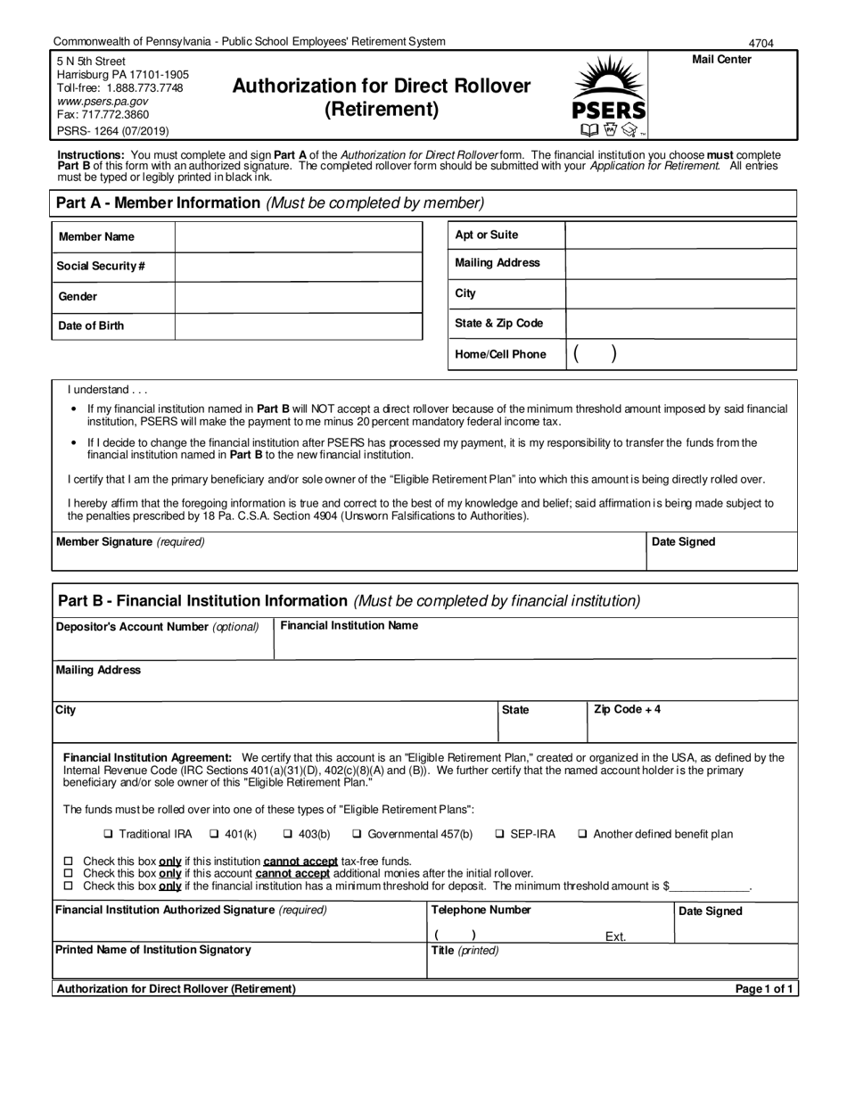 Form PSRS-1264 Authorization for Direct Rollover (Retirement) - Pennsylvania, Page 1