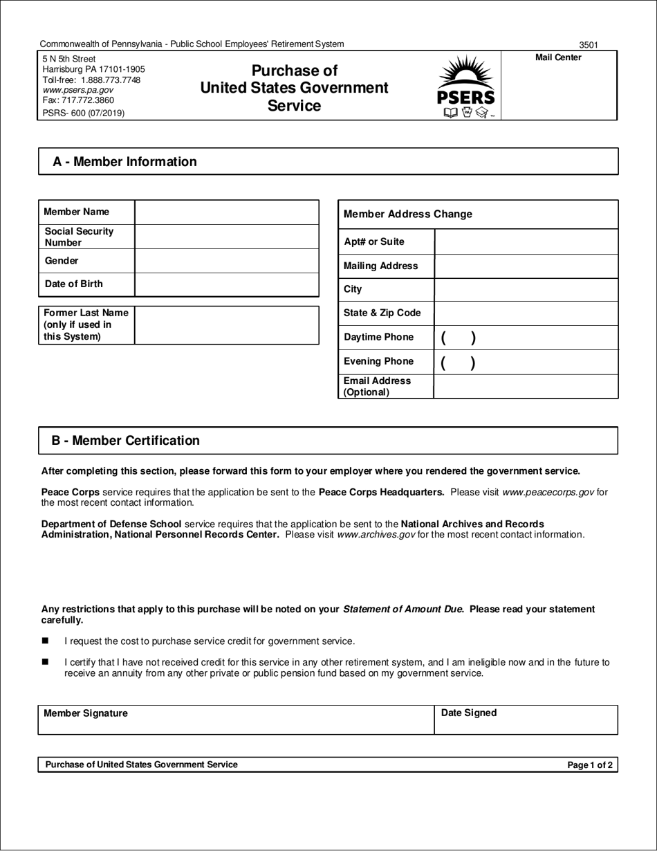 Form PSRS-600 Purchase of United States Government Service - Pennsylvania, Page 3