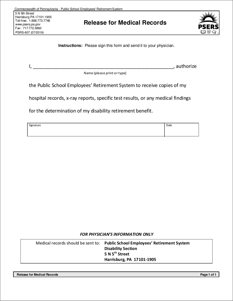 Form PSRS-607 Release for Medical Records - Pennsylvania, Page 1