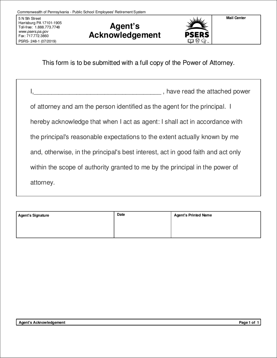 Form PSRS-248-1 Agents Acknowledgement - Pennsylvania, Page 1