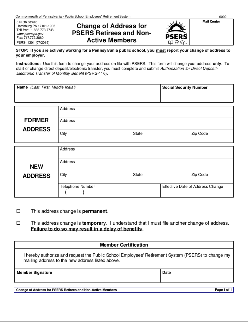Form PSRS-1301 Change of Address for Psers Retirees and Non-active Members - Pennsylvania, Page 1