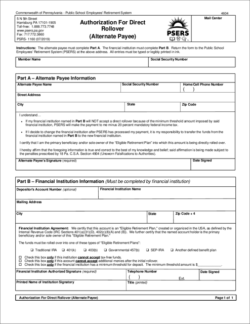 Form PSRS-1160 Authorization for Direct Rollover (Alternate Payee) - Pennsylvania