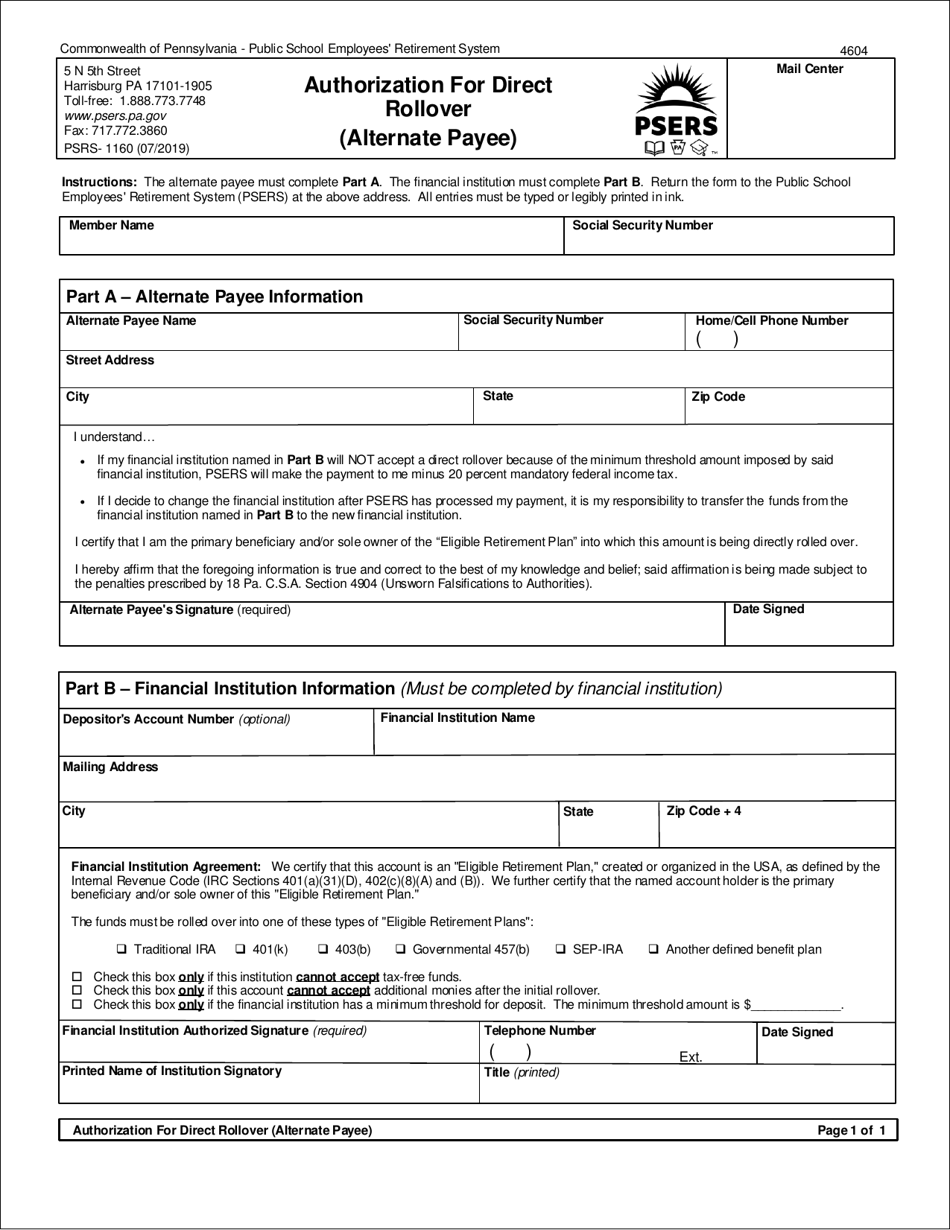 Form PSRS-1160 Authorization for Direct Rollover (Alternate Payee) - Pennsylvania, Page 1