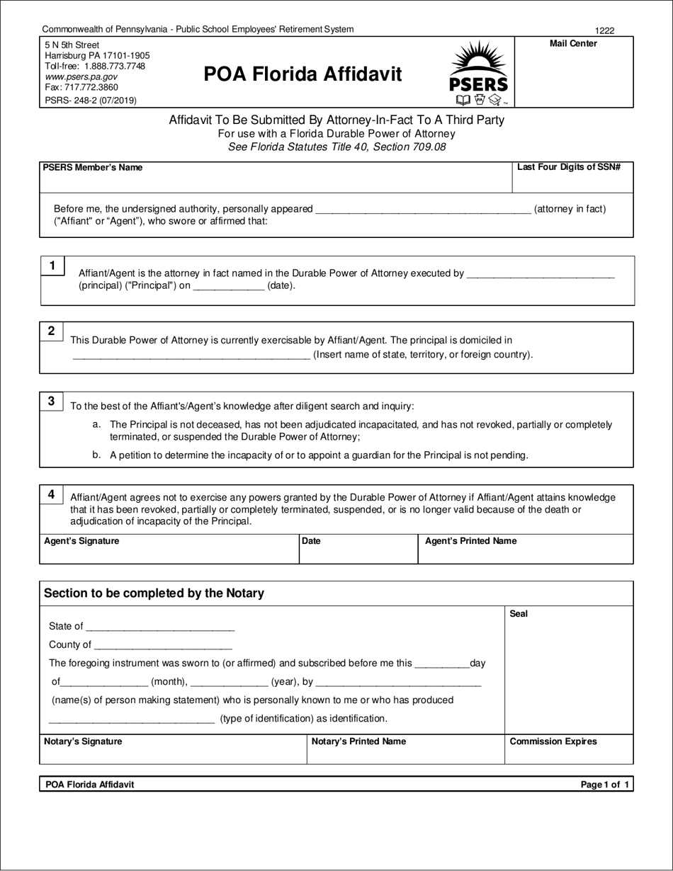 Form PSRS-248-2 Poa Florida Affidavit - Pennsylvania, Page 1