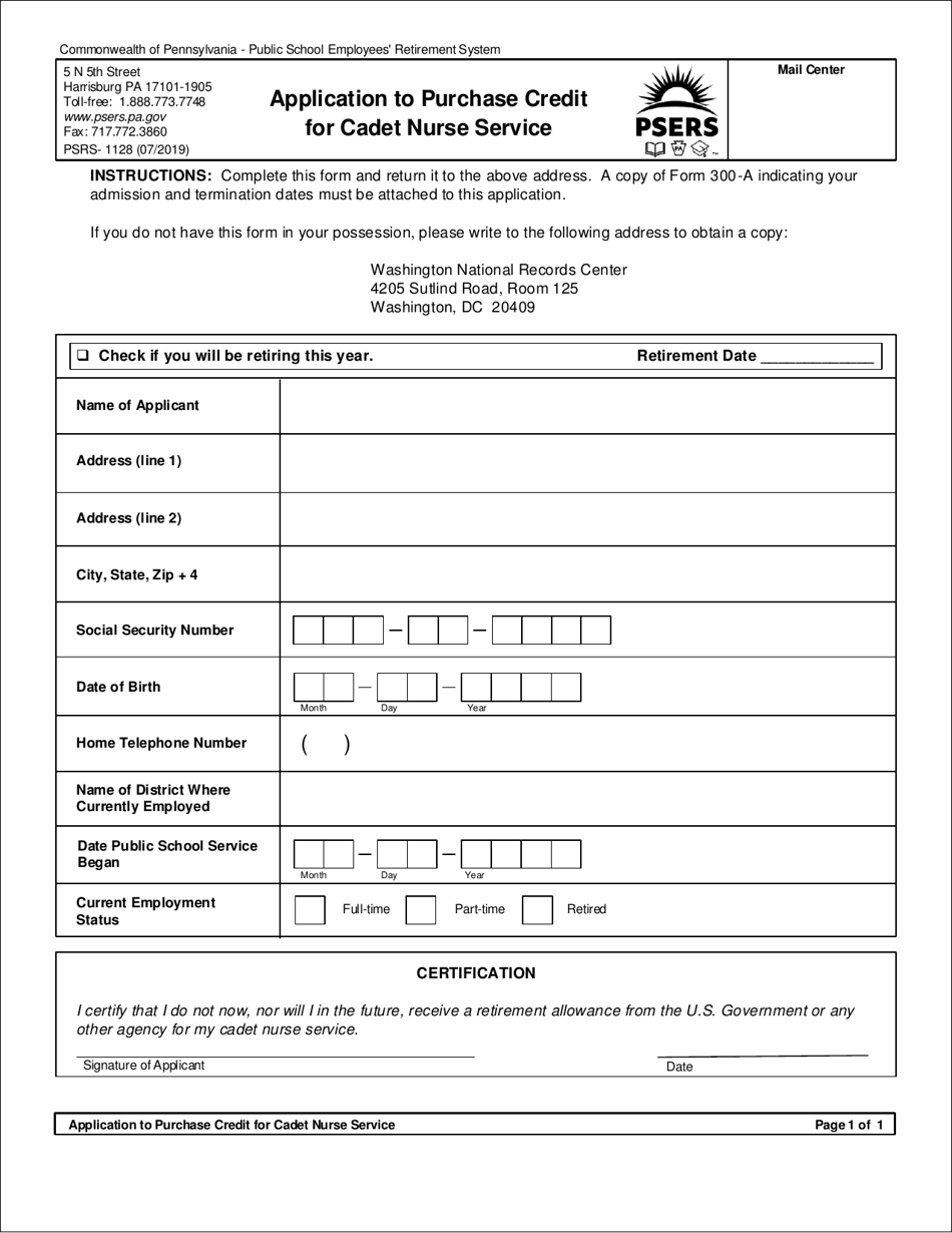 Form PSRS-1128 Application to Purchase Credit for Cadet Nurse Service - Pennsylvania, Page 1