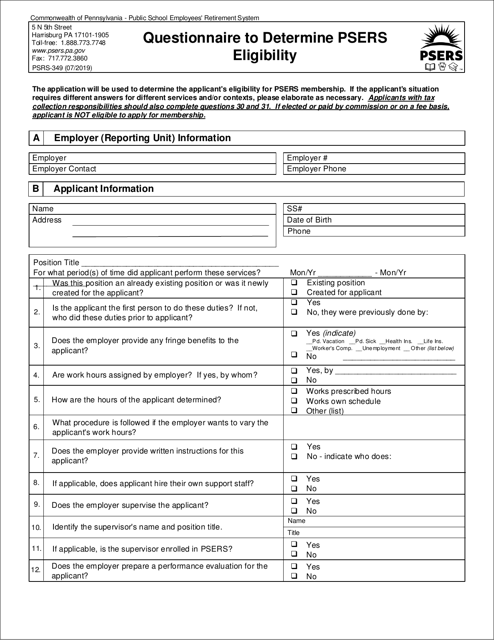Form PSRS-349 Questionnaire to Determine Psers Eligibility - Pennsylvania