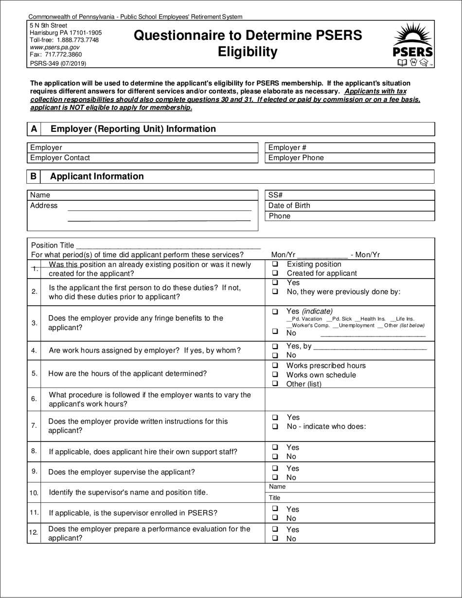 Form PSRS-349 Questionnaire to Determine Psers Eligibility - Pennsylvania, Page 1