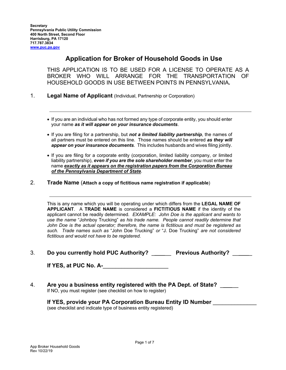 Application for Broker of Household Goods in Use - Pennsylvania, Page 2