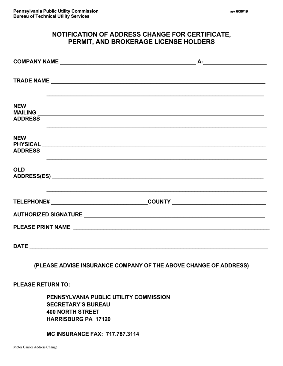 Notification of Address Change for Certificate, Permit, and Brokerage License Holders - Pennsylvania, Page 1