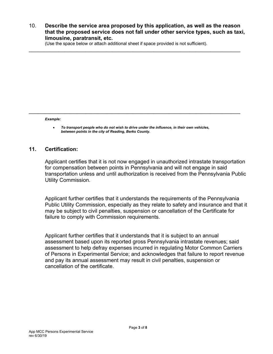 Application for Motor Common Carrier of Persons in Experimental Service - Pennsylvania, Page 5