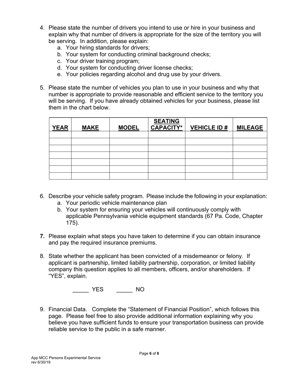 Application for Motor Common Carrier of Persons in Experimental Service - Pennsylvania, Page 8