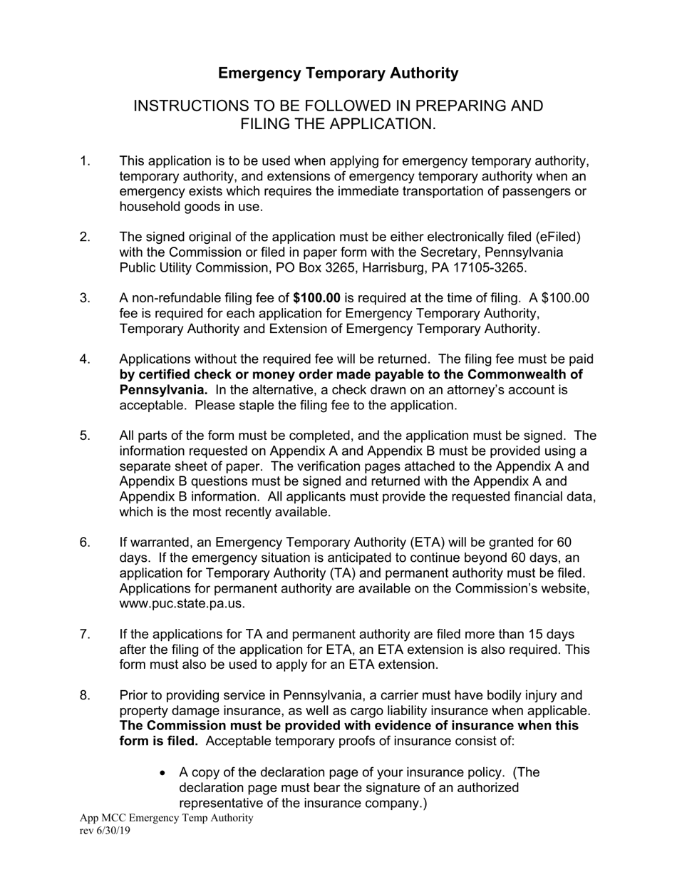 Application - Emergency Temporary Authority - Pennsylvania, Page 1