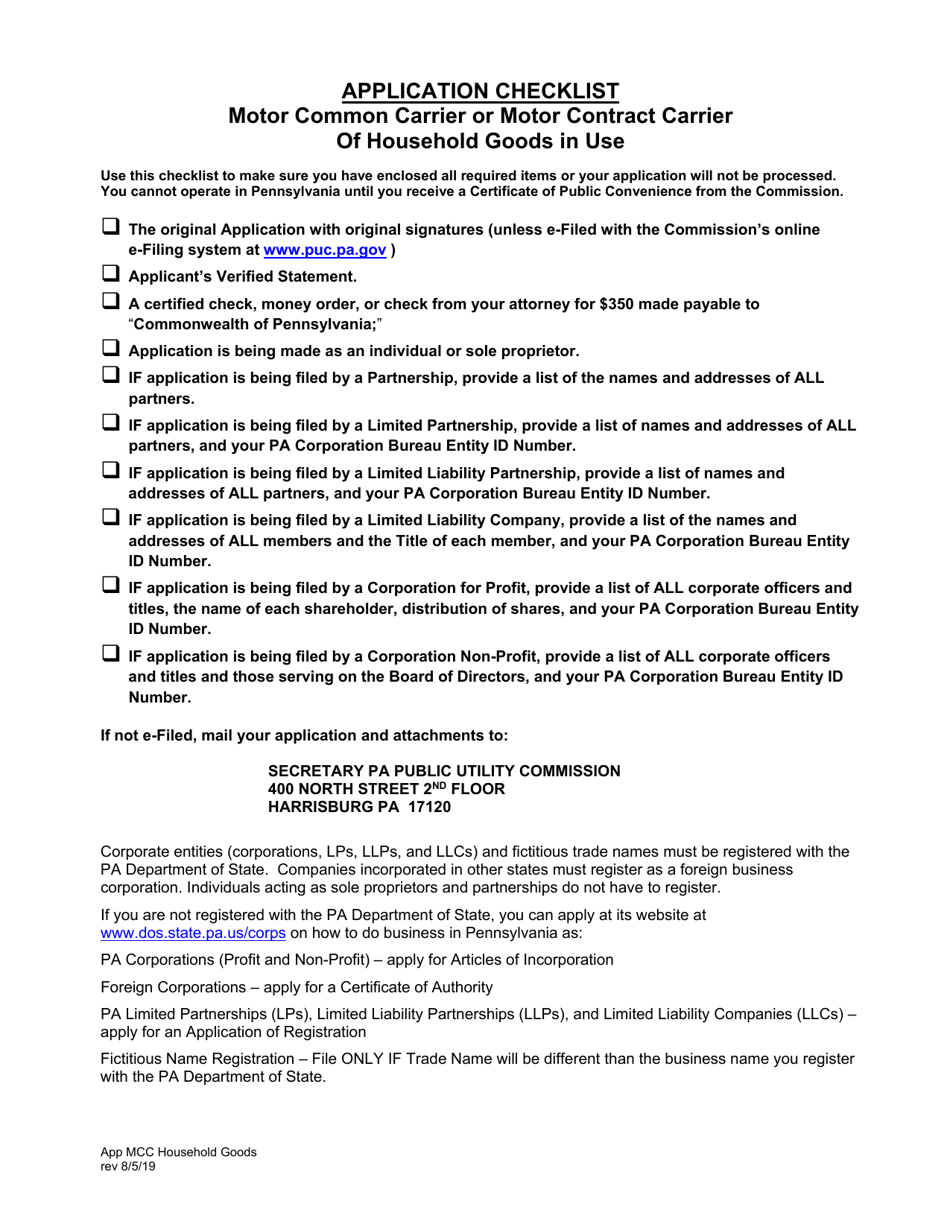Application for Motor Common Carrier or Motor Contract Carrier of Household Goods in Use - Pennsylvania, Page 1