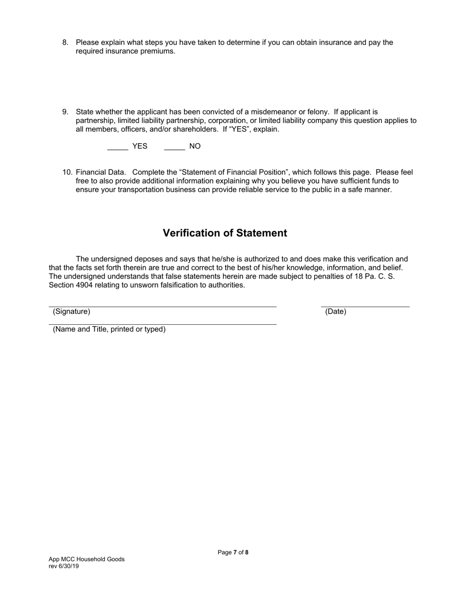 Application for Motor Common Carrier or Motor Contract Carrier of Household Goods in Use - Pennsylvania, Page 9