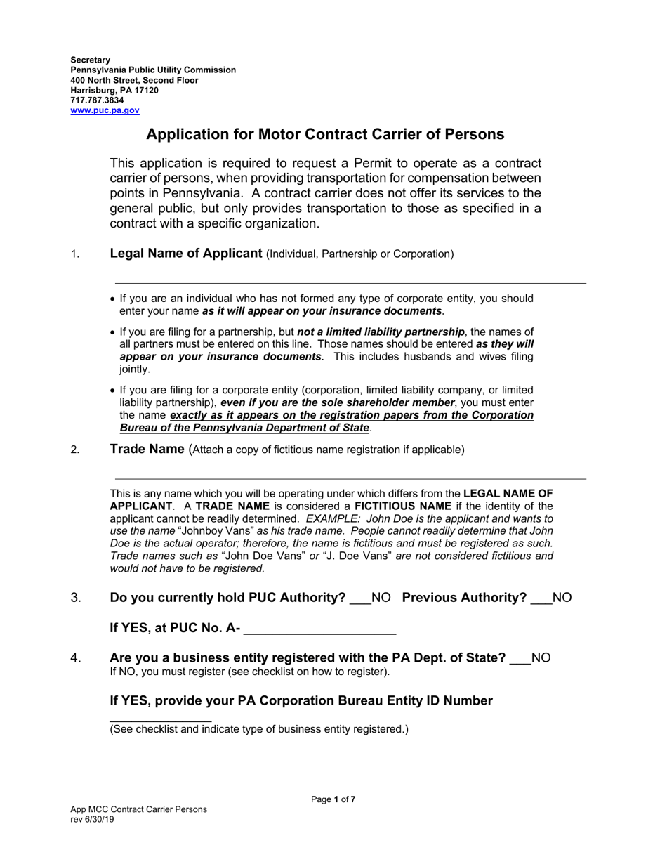 Application for Motor Contract Carrier of Persons - Pennsylvania, Page 3