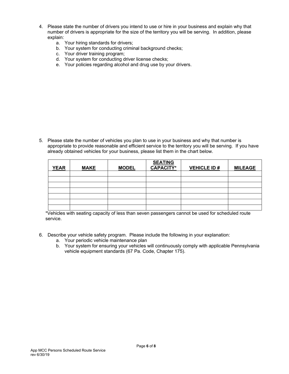 Application for Motor Common Carrier of Persons in Scheduled Route Service - Pennsylvania, Page 8
