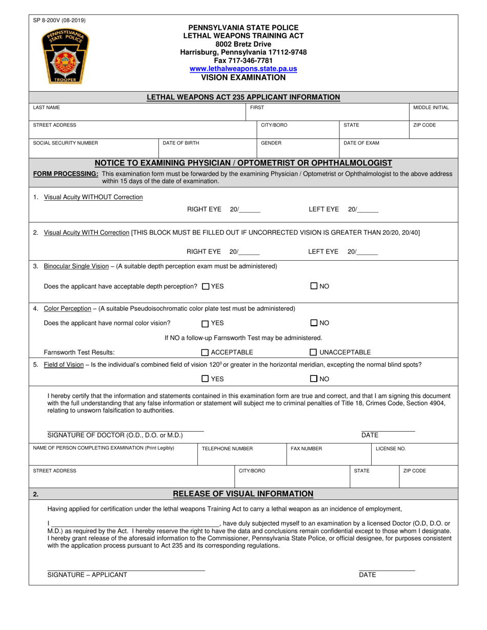 Form SP8-200V Vision Examination - Pennsylvania, Page 1
