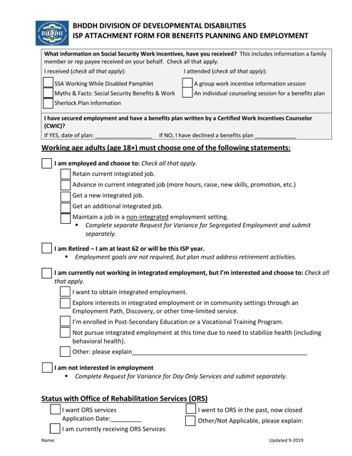 Isp Attachment Form for Benefits Planning and Employment - Rhode Island Download Pdf