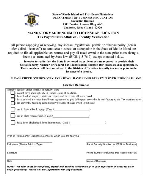 Mandatory Addendum to License Application - Tax Payer Status Affidavit/Identity Verification - Rhode Island