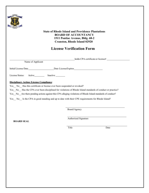 License Verification Form - Rhode Island Download Pdf