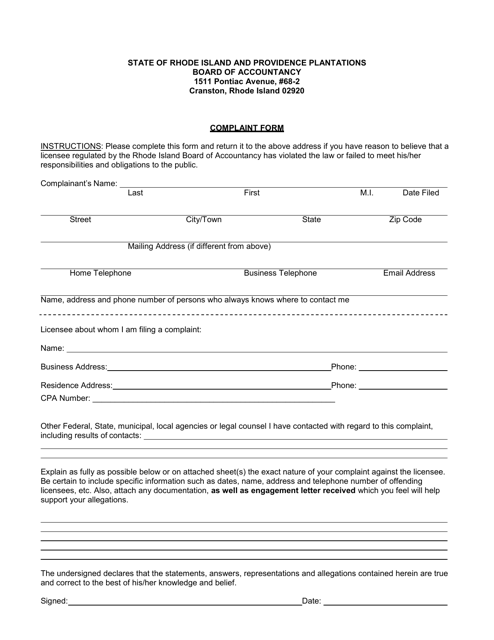 Rhode Island Complaint Form Download Printable PDF | Templateroller