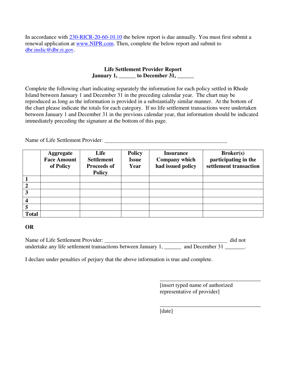Life Settlement Provider Report Form - Rhode Island, Page 1