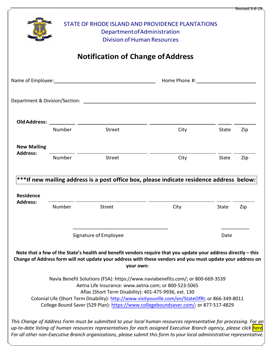 Notification of Change of Address - Rhode Island, Page 1