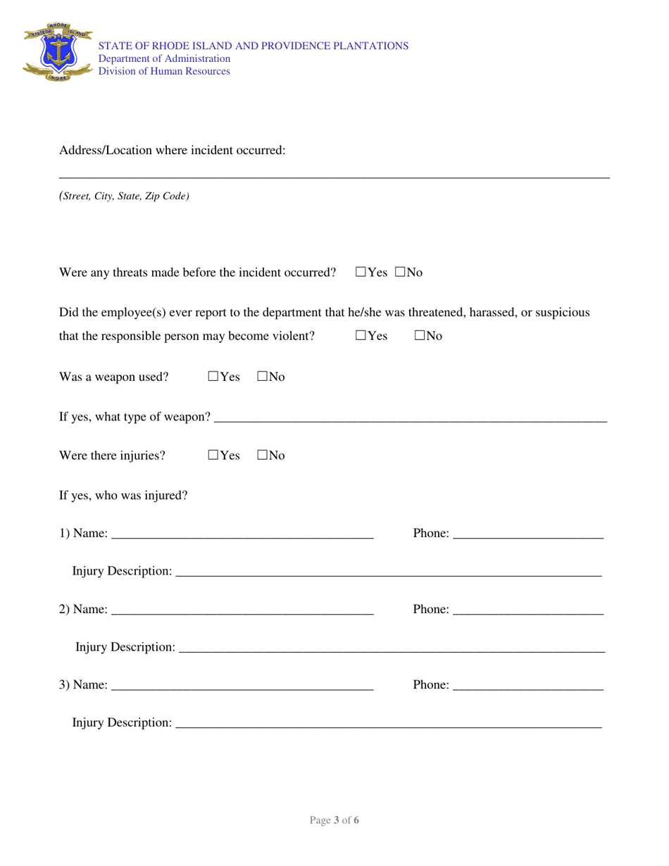 Workplace Violence Prevention Incident Report Form - Rhode Island, Page 3