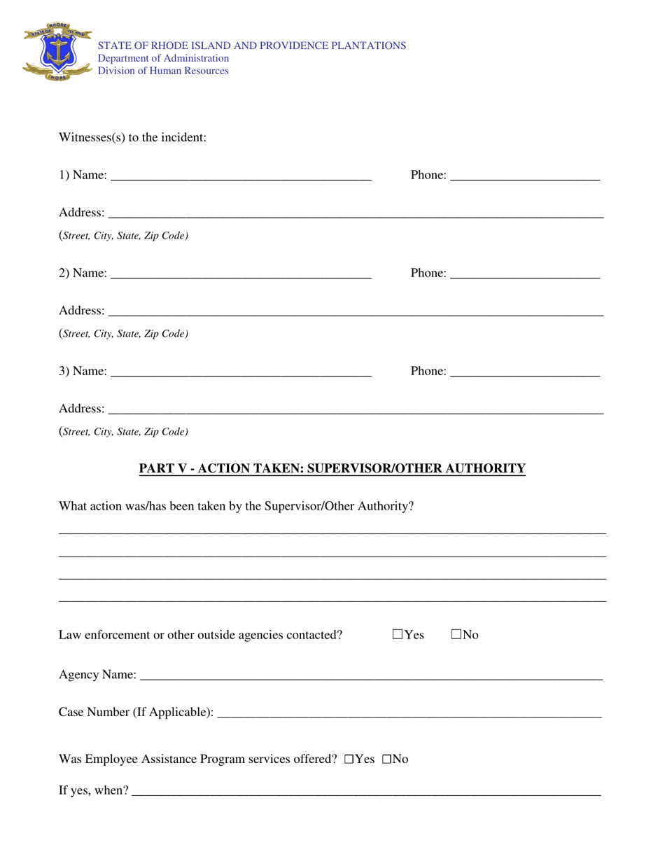 Workplace Violence Prevention Incident Report Form - Rhode Island, Page 4