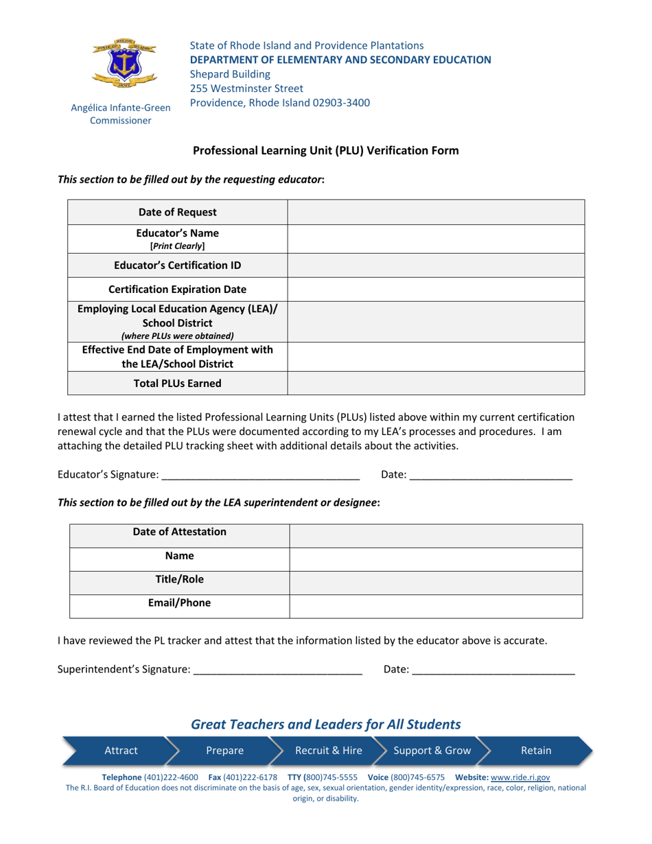 Professional Learning Unit (Plu) Verification Form - Rhode Island, Page 1
