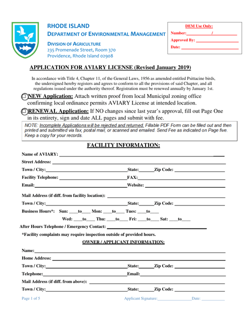 Application for Aviary License - Rhode Island Download Pdf