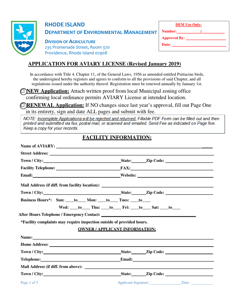 Application for Aviary License - Rhode Island, Page 1