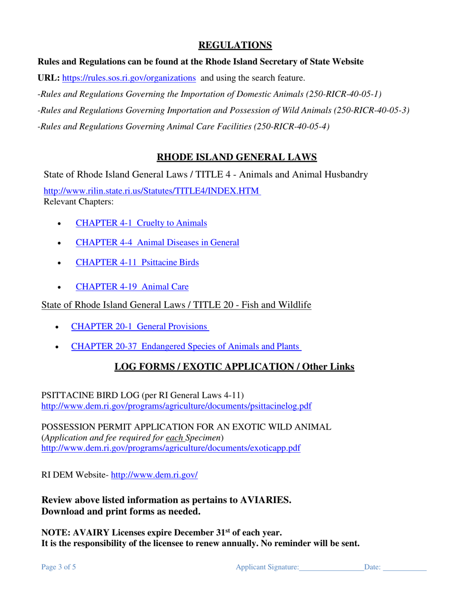 Application for Aviary License - Rhode Island, Page 3