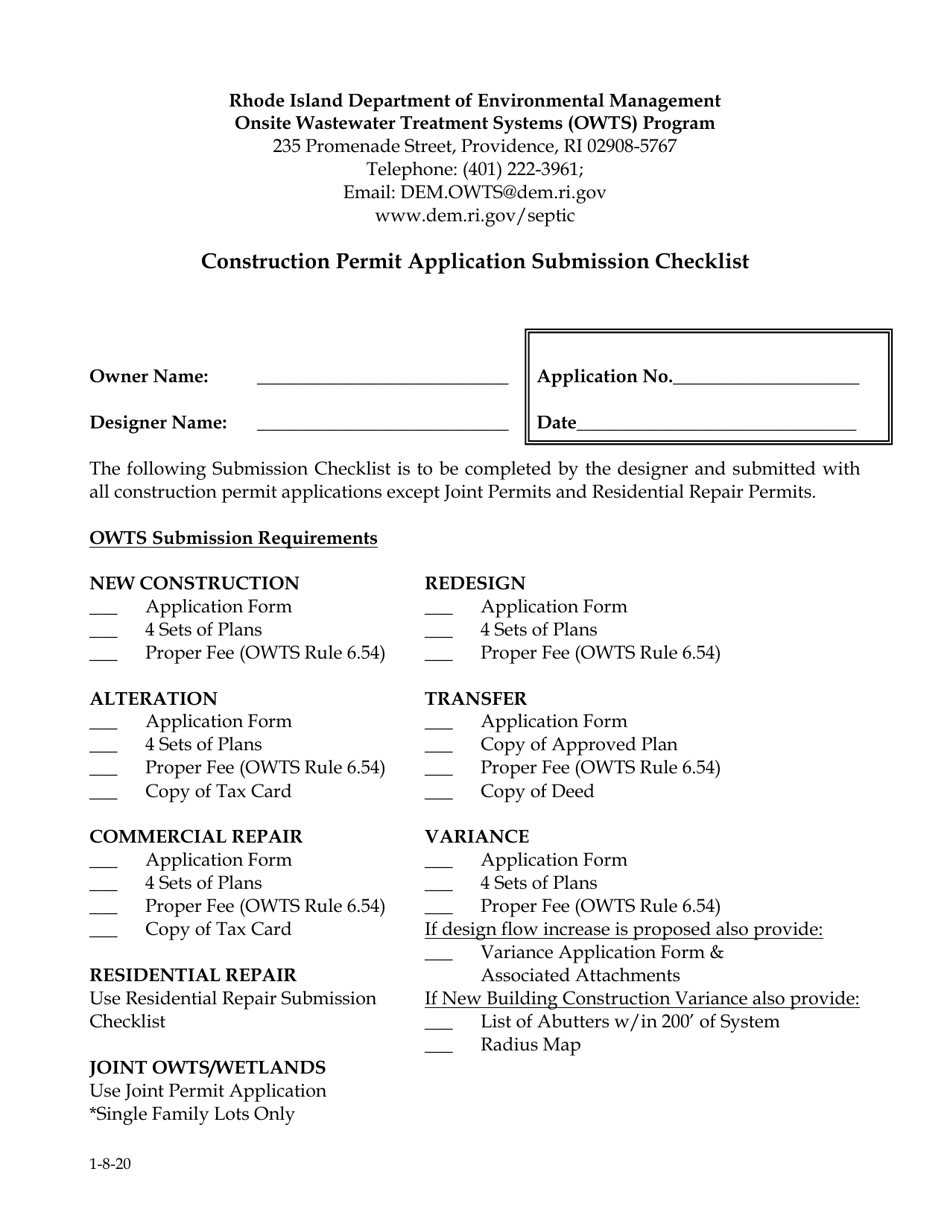 Construction Permit Application Submission Checklist - Rhode Island, Page 1