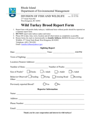 Document preview: Wild Turkey Brood Report Form - Rhode Island