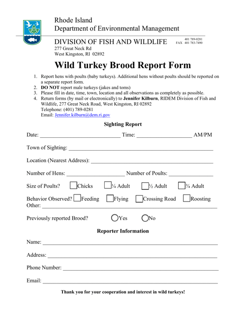 Wild Turkey Brood Report Form - Rhode Island Download Pdf