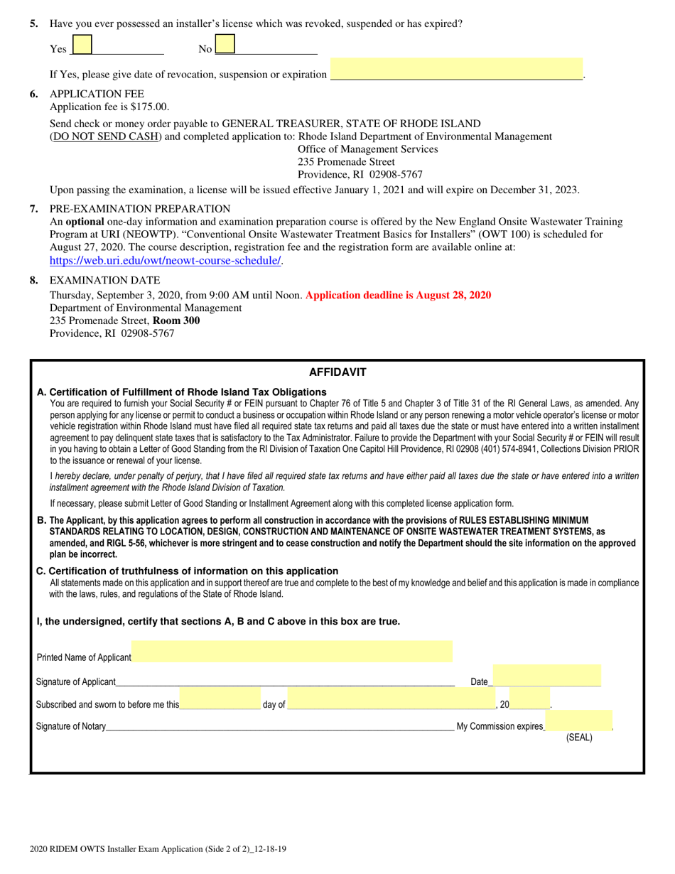 Application for Examination and License to Install Construct, Alter or Repair Onsite Wastewater Treatment Systems - Rhode Island, Page 2