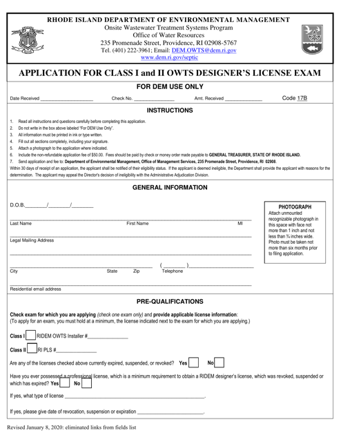 Application for Class I and II Owts Designer's License Exam - Rhode Island Download Pdf