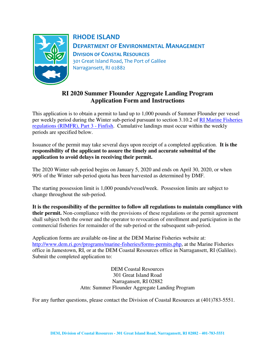 Summer Flounder Aggregate Landing Program Application - Rhode Island, Page 1