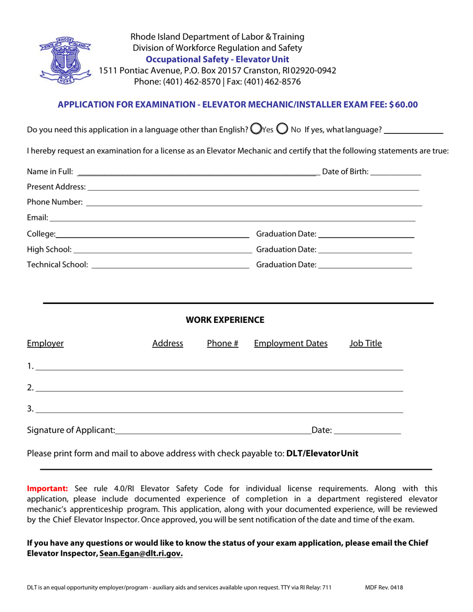Rhode Island Application for Examination Elevator Mechanic/Installer