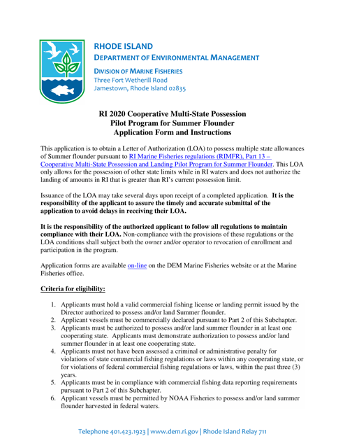 Cooperative Multi-State Possession Pilot Program for Summer Flounder Application - Rhode Island Download Pdf