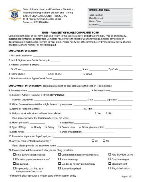 Non-payment of Wages Complaint Form - Rhode Island Download Pdf