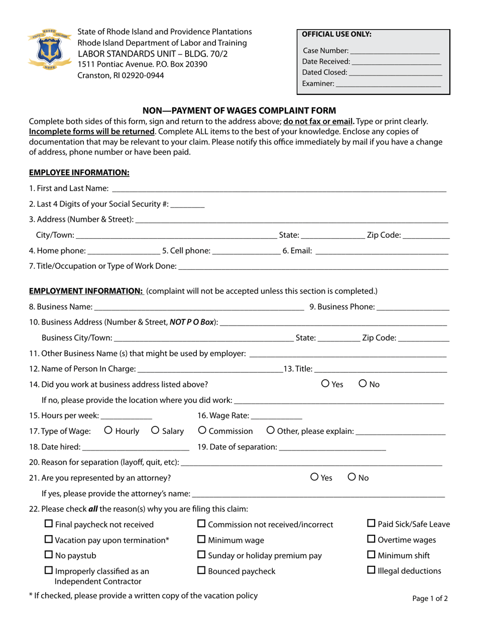 Non-payment of Wages Complaint Form - Rhode Island, Page 1