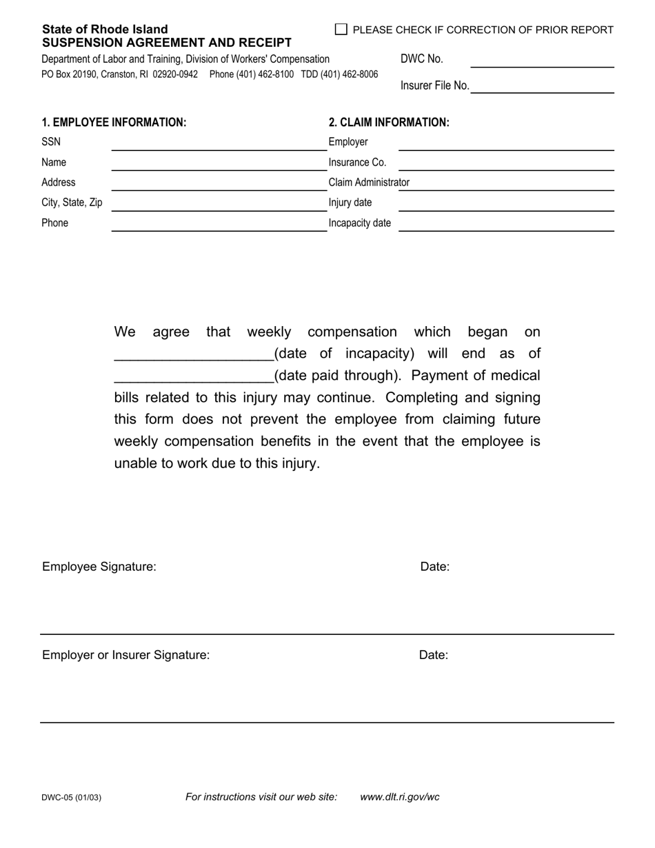 Form DWC-05 Suspension Agreement and Receipt - Rhode Island, Page 1