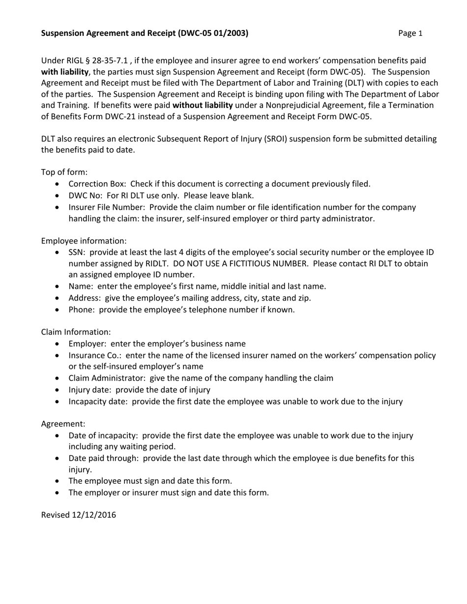 Form DWC-05 Suspension Agreement and Receipt - Rhode Island, Page 2