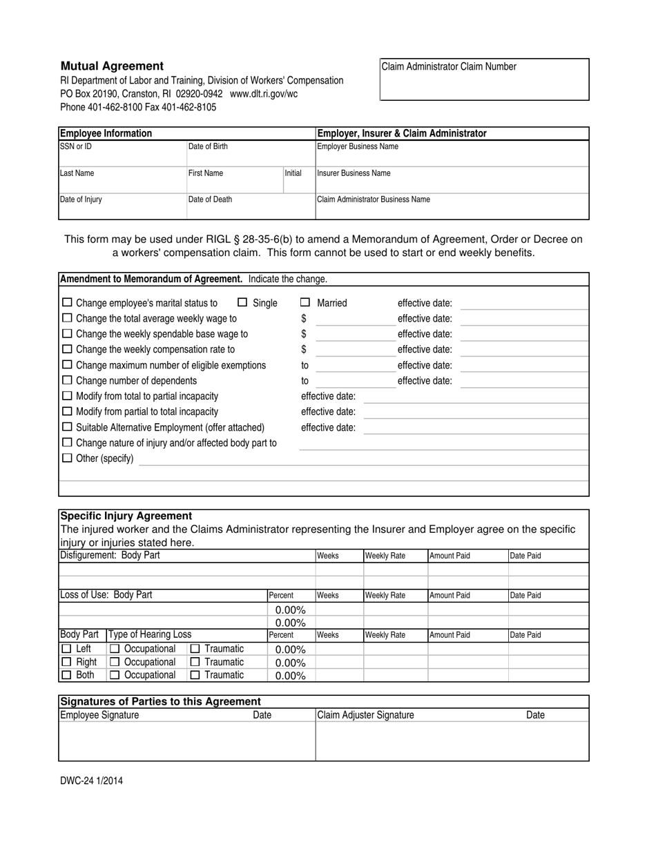 Form DWC-24 Mutual Agreement - Rhode Island, Page 1