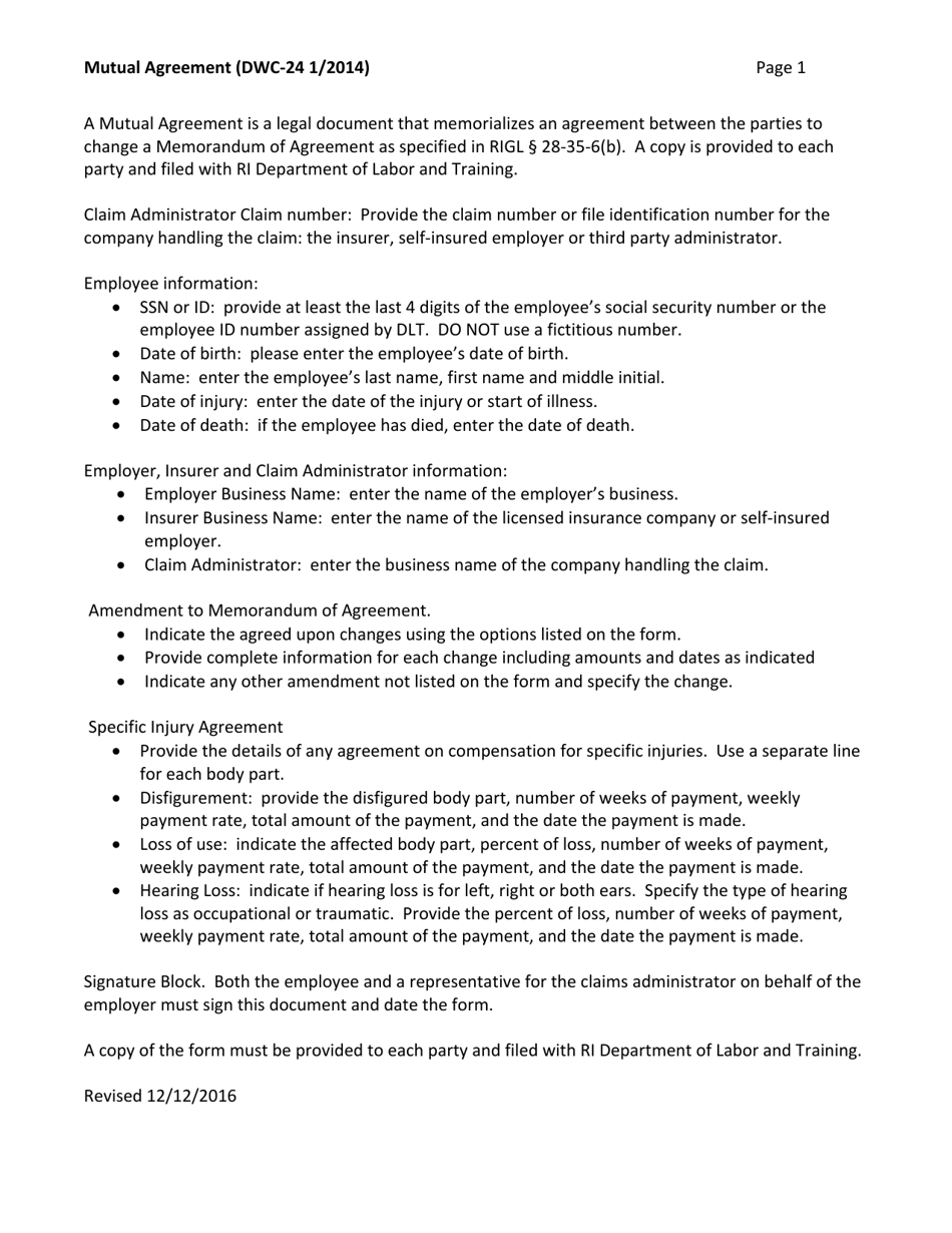 Form DWC-24 Mutual Agreement - Rhode Island, Page 2