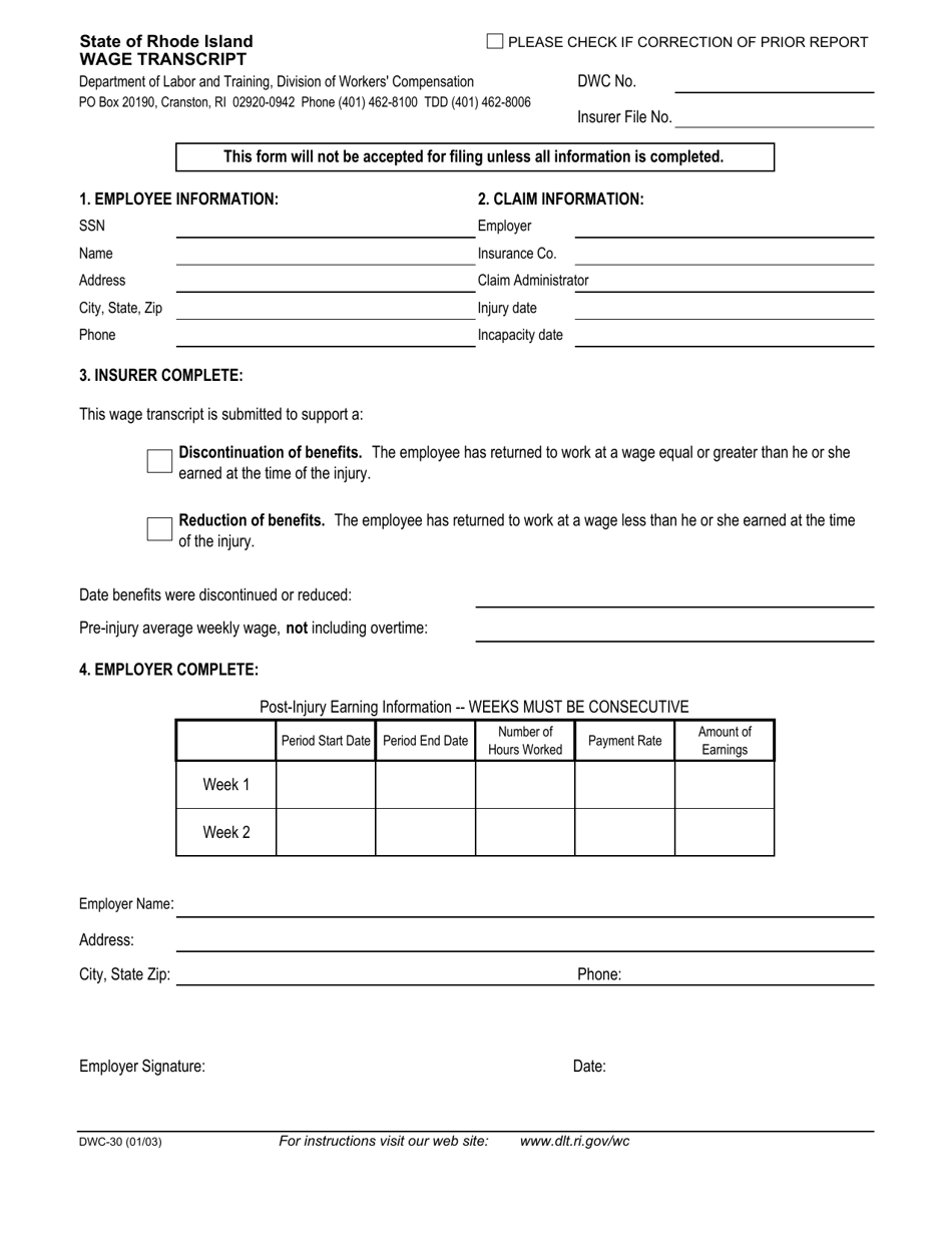 Form DWC-30 Wage Transcript - Rhode Island, Page 1