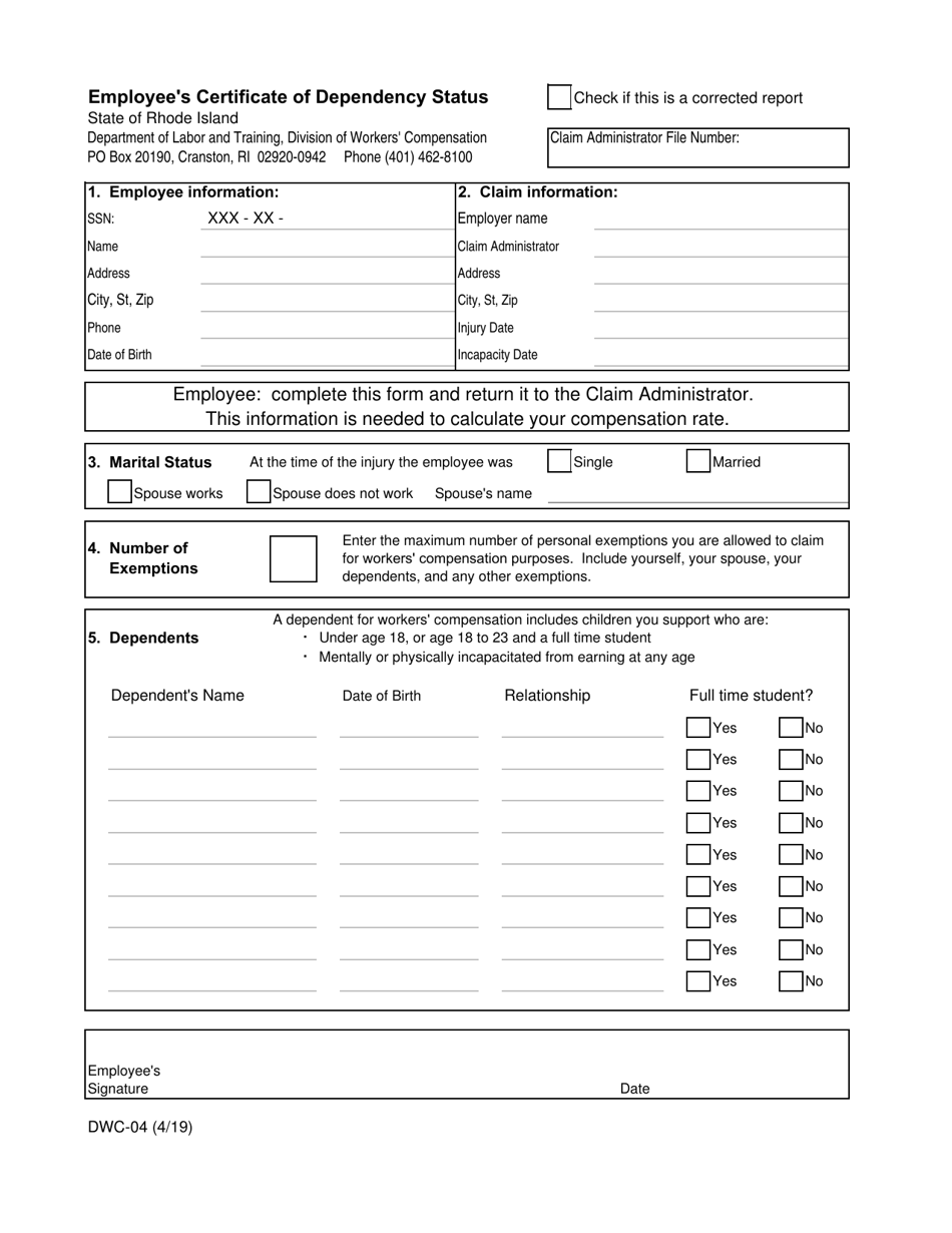 Form DWC-04 Employees Certificate of Dependency Status - Rhode Island, Page 1