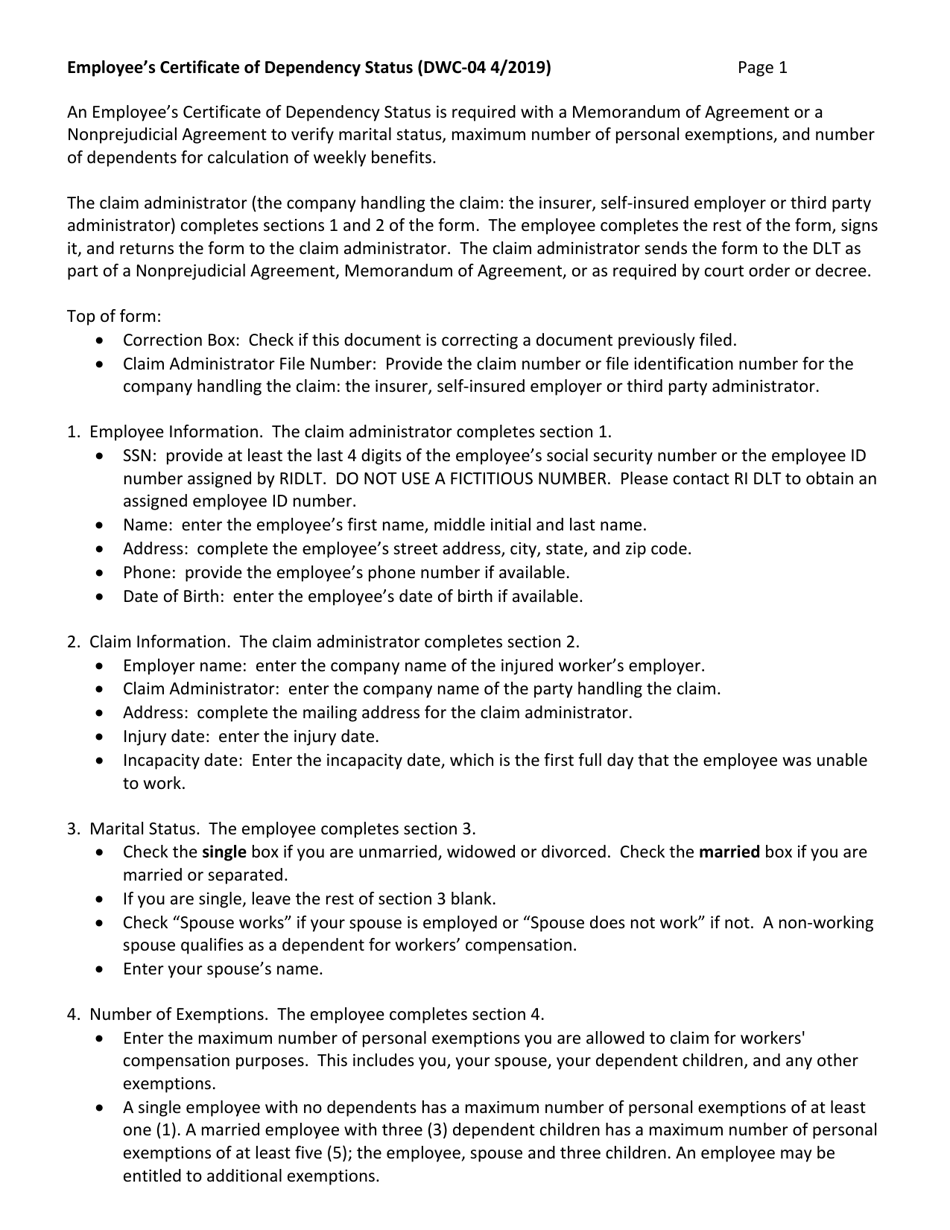 Form DWC-04 Employees Certificate of Dependency Status - Rhode Island, Page 2